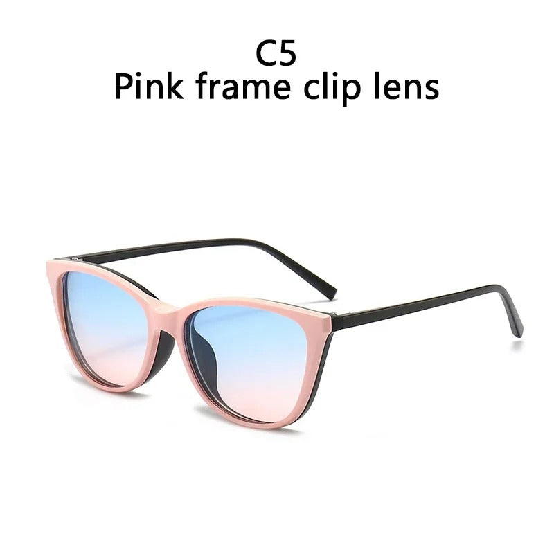 Cat Eye Women Myopia Sunglasses 6 In 1 Polarized Magnetic Clip On Glasses Optical Prescription Eyeglass Frames