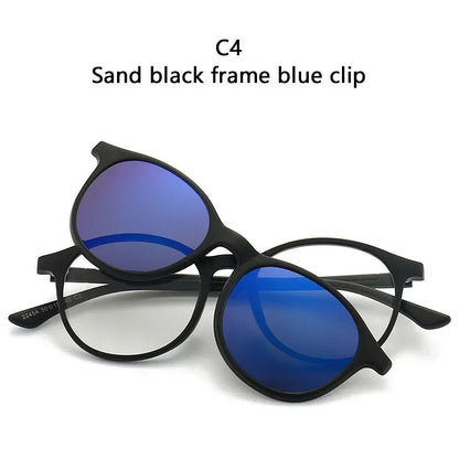 6 In 1 Men Women Polarized Optical Magnetic Sunglasses Clip on Magnet Prescription Round Frame Myopia PC Glasses Frame