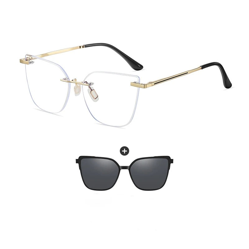 KANDREA Women's Magnetic Clip On Glasses Frame Ultra-light Fashion Rimless Polarized Sunglasses Anti-Blue Light Eyewear 7105