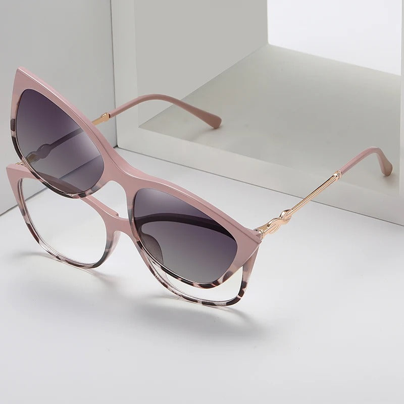 Women's Polarized Sunglasses TR90 Trendy Cat Eye Magnetic Clip On Sunglass Myopia Female Eyeglasses Pink Leopard 2 in 1 Glasses