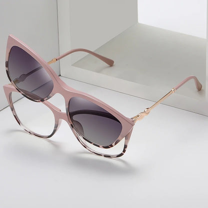 Women's Polarized Sunglasses TR90 Trendy Cat Eye Magnetic Clip On Sunglass Myopia Female Eyeglasses Pink Leopard 2 in 1 Glasses