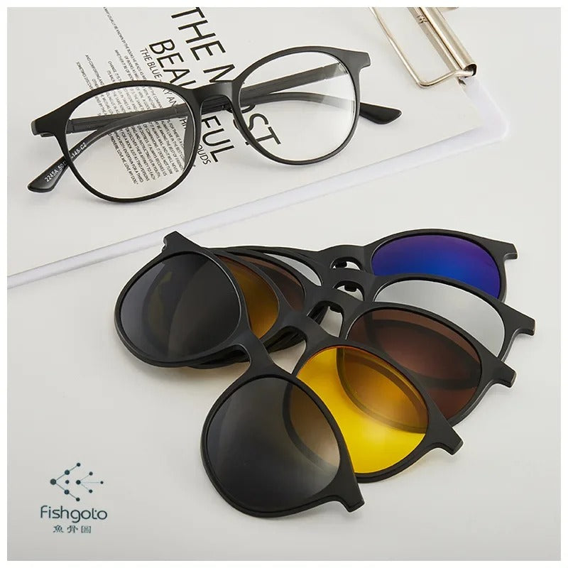 6 In 1 Men Women Polarized Optical Magnetic Sunglasses Clip on Magnet Prescription Round Frame Myopia PC Glasses Frame