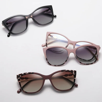 Women's Polarized Sunglasses TR90 Trendy Cat Eye Magnetic Clip On Sunglass Myopia Female Eyeglasses Pink Leopard 2 in 1 Glasses