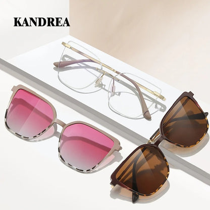 KANDREA Women's Magnetic Clip On Glasses Frame Ultra-light Fashion Rimless Polarized Sunglasses Anti-Blue Light Eyewear 7105