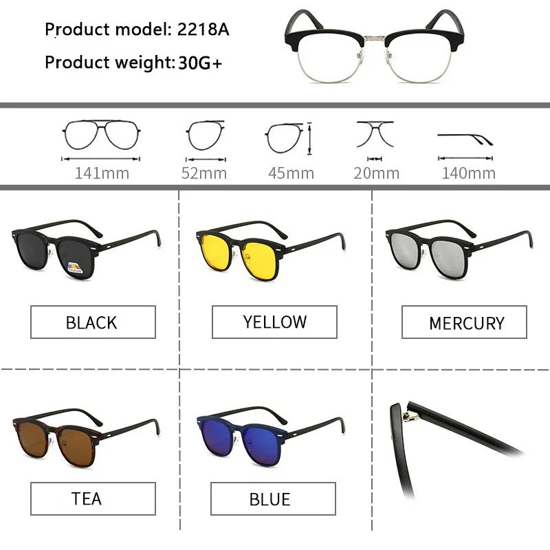 2 In 1 2218A Magnetic Polarized Clip On Sunglasses Women Men Classic Plastic Frame Night Vision Driving Sunglasses UV400