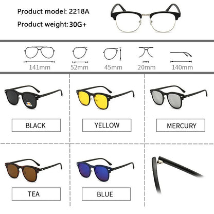 2 In 1 2218A Magnetic Polarized Clip On Sunglasses Women Men Classic Plastic Frame Night Vision Driving Sunglasses UV400
