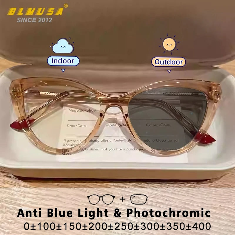 BLMUSA Women Stylish Cat Eye Photochromic Frame Computer Anti Blue Ray Reading Glasses Customizable Prescription Myopia Glasses