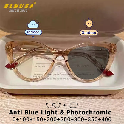 BLMUSA Women Stylish Cat Eye Photochromic Frame Computer Anti Blue Ray Reading Glasses Customizable Prescription Myopia Glasses