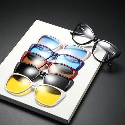 Eyeglasses Frame Women With 5 PCS Clip On Polarized Sunglasses Spectacle Magnetic Glasses Male UV400 Eyeglasses 2328D