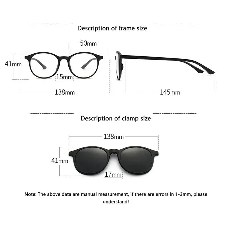 6 In 1 Men Women Polarized Optical Magnetic Sunglasses Clip on Magnet Prescription Round Frame Myopia PC Glasses Frame