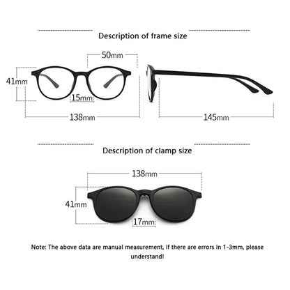 6 In 1 Men Women Polarized Optical Magnetic Sunglasses Clip on Magnet Prescription Round Frame Myopia PC Glasses Frame