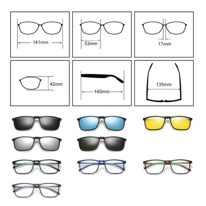 Ralferty Magnetic Sunglasses Men 5 In 1 Polarized Clip On Sunglass Women Square Sunglases Ultra-Light Night Vision Glasses A8804