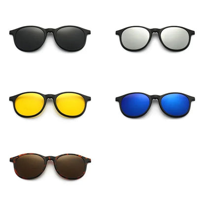 6 In 1 Men Women Polarized Optical Magnetic Sunglasses Clip on Magnet Prescription Round Frame Myopia PC Glasses Frame