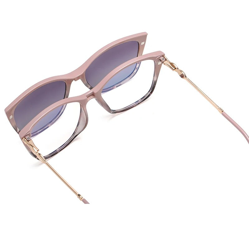 Women's Polarized Sunglasses TR90 Trendy Cat Eye Magnetic Clip On Sunglass Myopia Female Eyeglasses Pink Leopard 2 in 1 Glasses