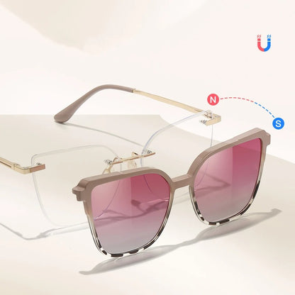 KANDREA Women's Magnetic Clip On Glasses Frame Ultra-light Fashion Rimless Polarized Sunglasses Anti-Blue Light Eyewear 7105