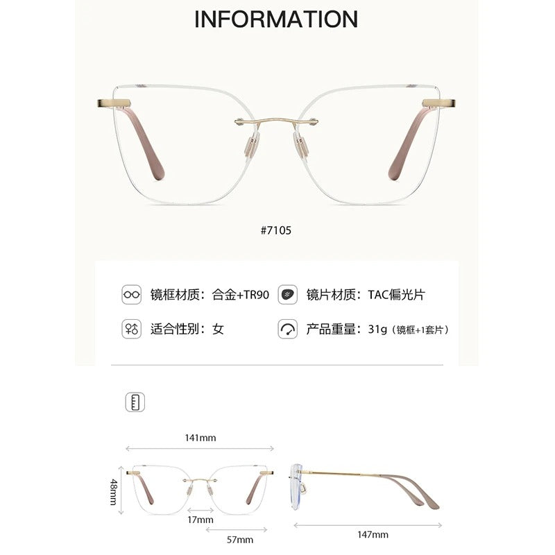 KANDREA Women's Magnetic Clip On Glasses Frame Ultra-light Fashion Rimless Polarized Sunglasses Anti-Blue Light Eyewear 7105