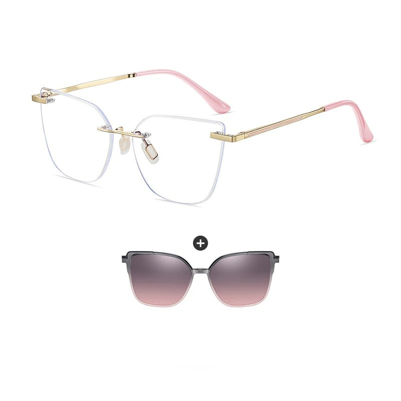 KANDREA Women's Magnetic Clip On Glasses Frame Ultra-light Fashion Rimless Polarized Sunglasses Anti-Blue Light Eyewear 7105