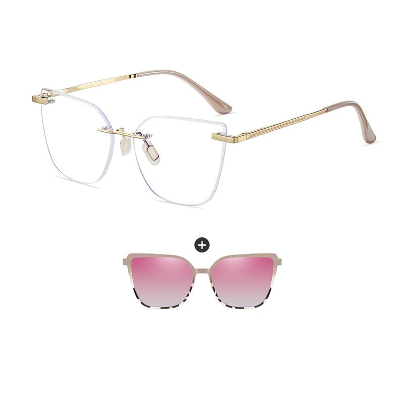 KANDREA Women's Magnetic Clip On Glasses Frame Ultra-light Fashion Rimless Polarized Sunglasses Anti-Blue Light Eyewear 7105