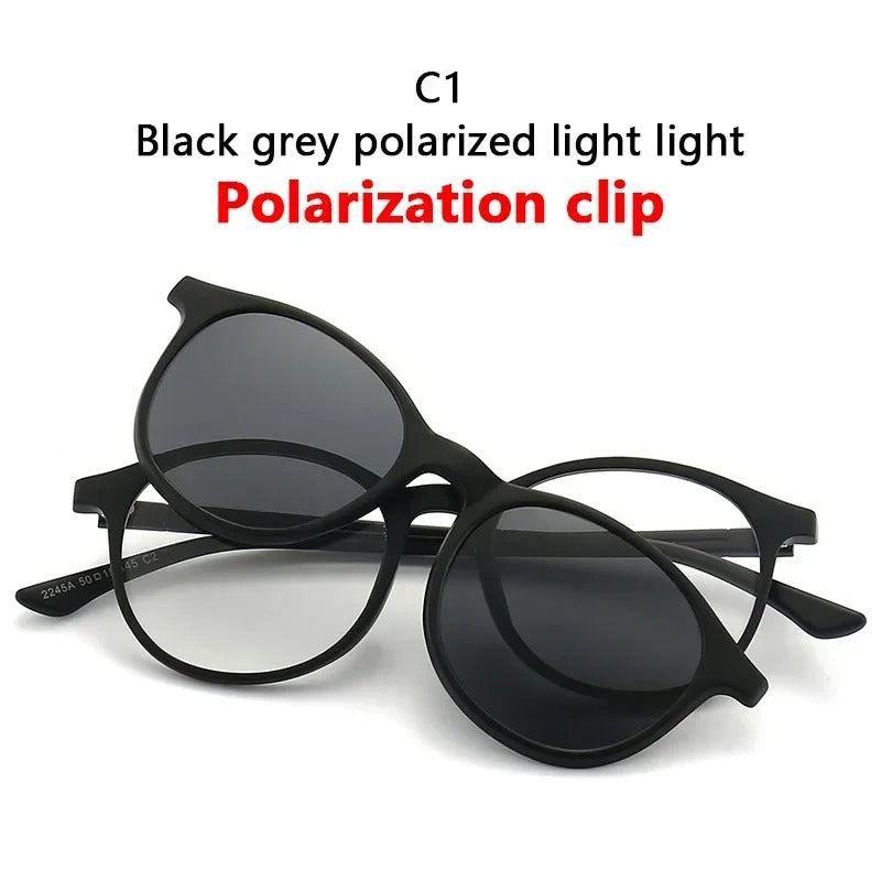 6 In 1 Men Women Polarized Optical Magnetic Sunglasses Clip on Magnet Prescription Round Frame Myopia PC Glasses Frame