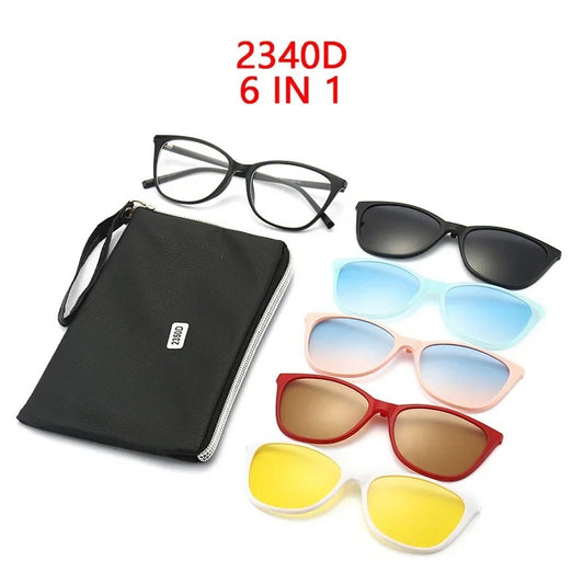 Cat Eye Women Myopia Sunglasses 6 In 1 Polarized Magnetic Clip On Glasses Optical Prescription Eyeglass Frames